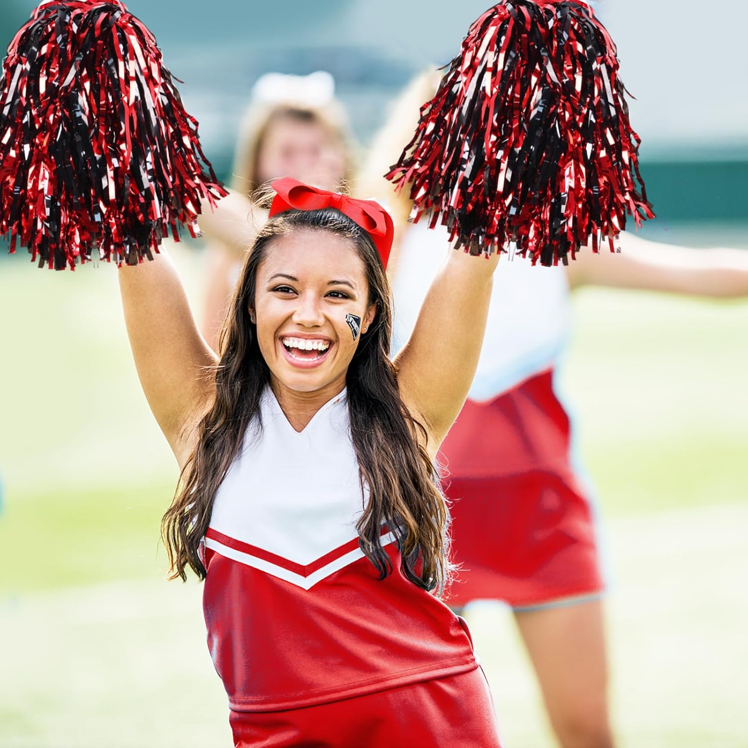 VAIPI 48 Pack Cheerleading Pom Poms Kit with Baton Handle Metallic Foil Squad Team Spirited Fun Cheer Pom Poms Bulk for Kids Adults Cheerleader Gifts Team Spirit Sports Party