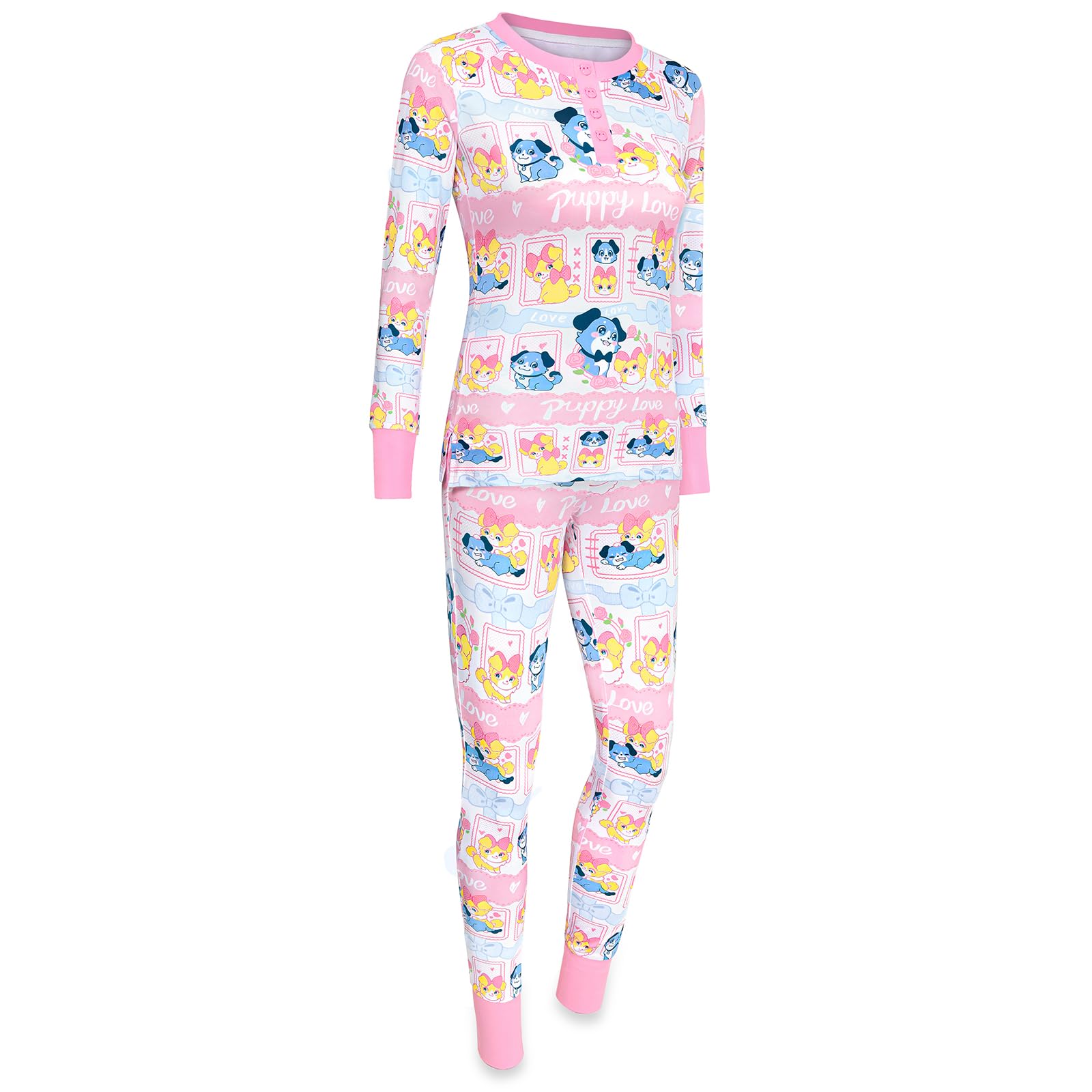 LittleForBig Conjunto de pijama de dos piezas para mujer, de manga larga, suave, transpirable, con texto en inglés "Puppy Love Little Blue"
