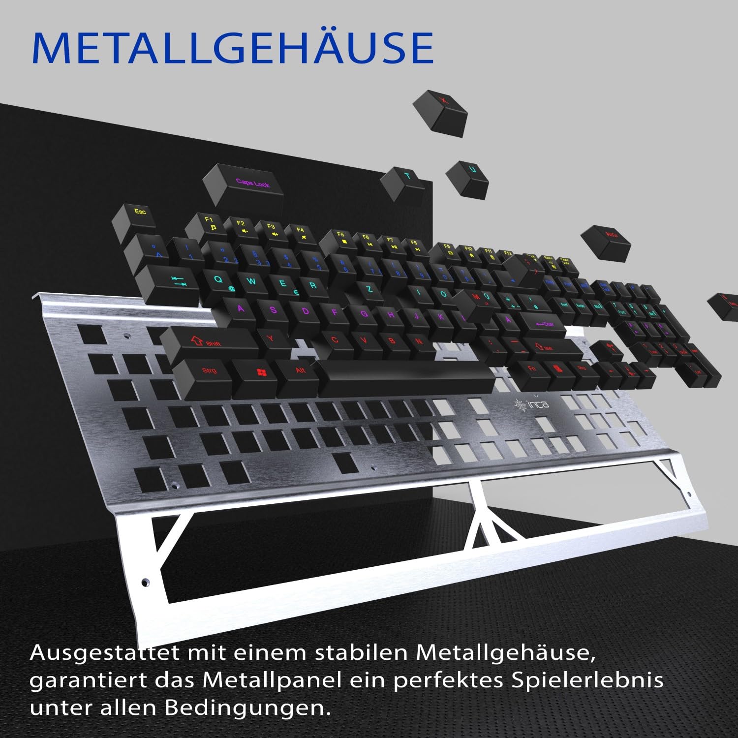 Inca IKG-444 Ophira RGB Clavier de Jeu mécanique 104 Touches Anti-ghosting Boîtier en Aluminium USB QWERTZ avec extracteur de Touches et kit de Nettoyage Compatible avec Windows, Mac, Linux