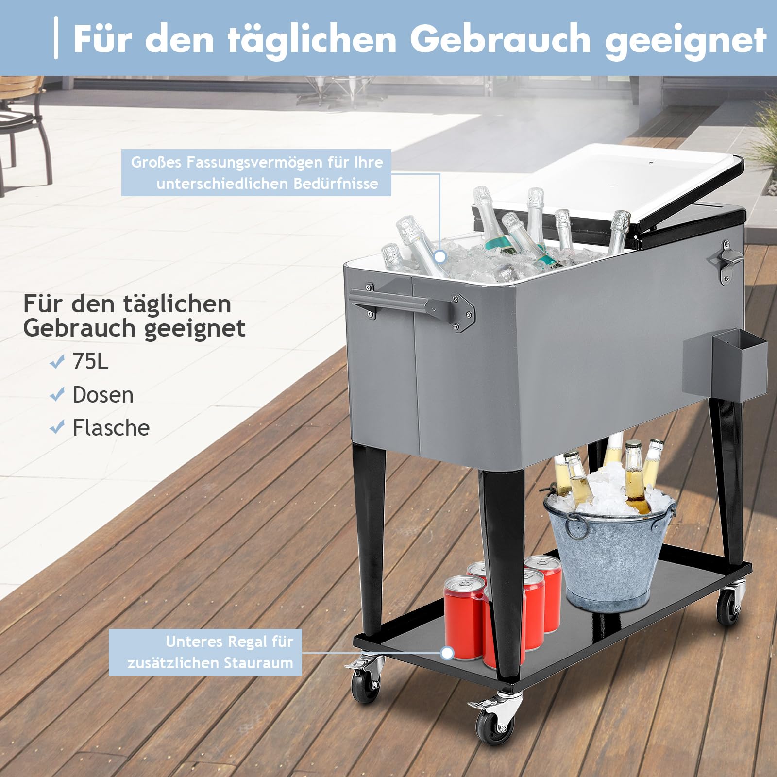 COSTWAY 76L Kühlwagen Beistellwagen, Servierwagen Kühlbox mit Rädern und Ablagefläche, Kühlbehälter Getränkewagen, Getränkekühler inkl. Flaschenöffner für Outdoor Terrassen Party (Silber)