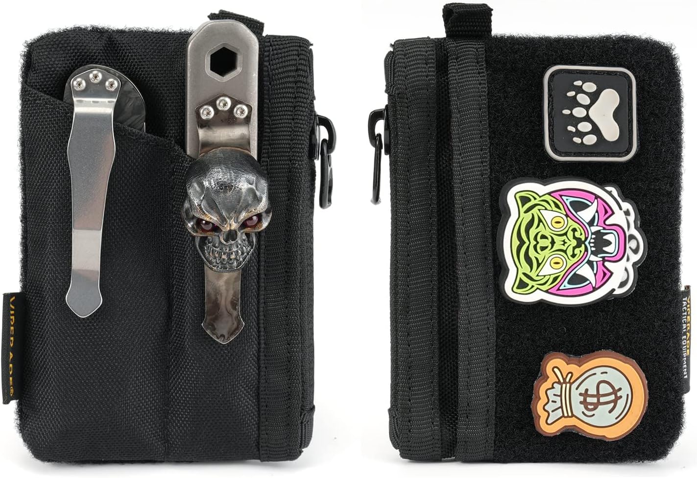 VE17 Small EDC Pouch, EDC Pocket Organizer with DIY Patch Area, Mini EDC Pouch with Zipper Pocket, Small Card Pocket, 2 Slots Pocket for EDC Black