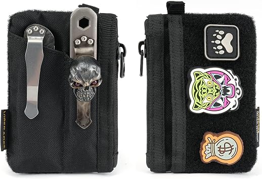 VIPERADE VE17 Small EDC Pouch, EDC Pocket Organizer with DIY Patch Area, Mini EDC Pouch with Zipper Pocket, Small Card Pocket, 2 Slots Pocket for EDC Black