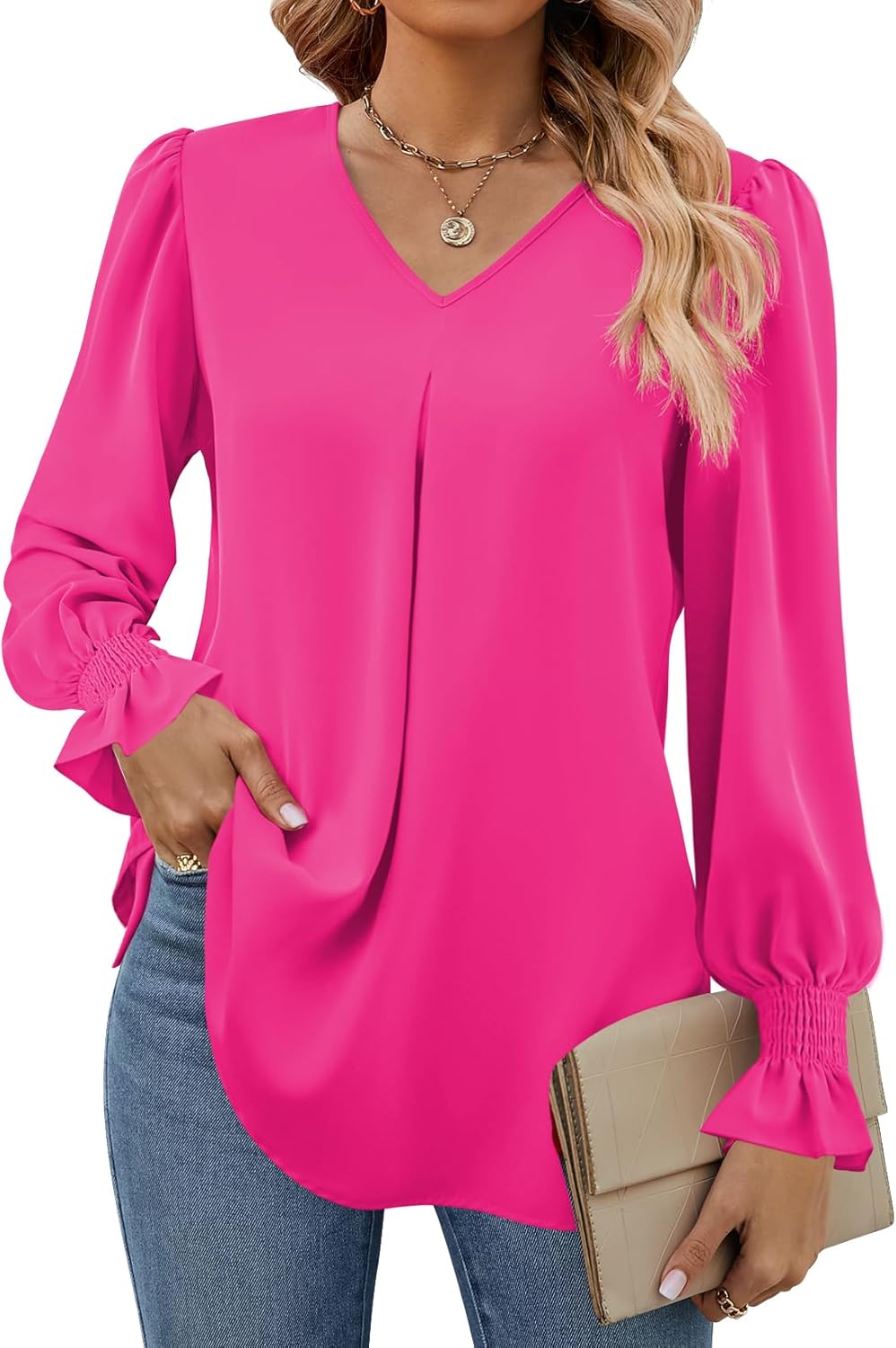 Funlingo Women's 2025 Long Sleeve Tops Dressy Casual V Neck Tunic Shirts Loose Chiffon Work Blouse