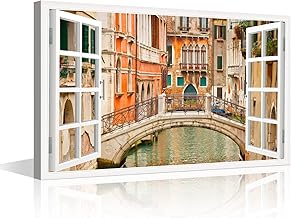 3D Window Effect Venice Water City Canvas Prints Wall Decor Artwork Italy City Landscape Canvas Wall Art Print on Canvas Wall Art for Bedroom Living Room Home Decor Framed Ready to Hang - 12"W x 18"H
