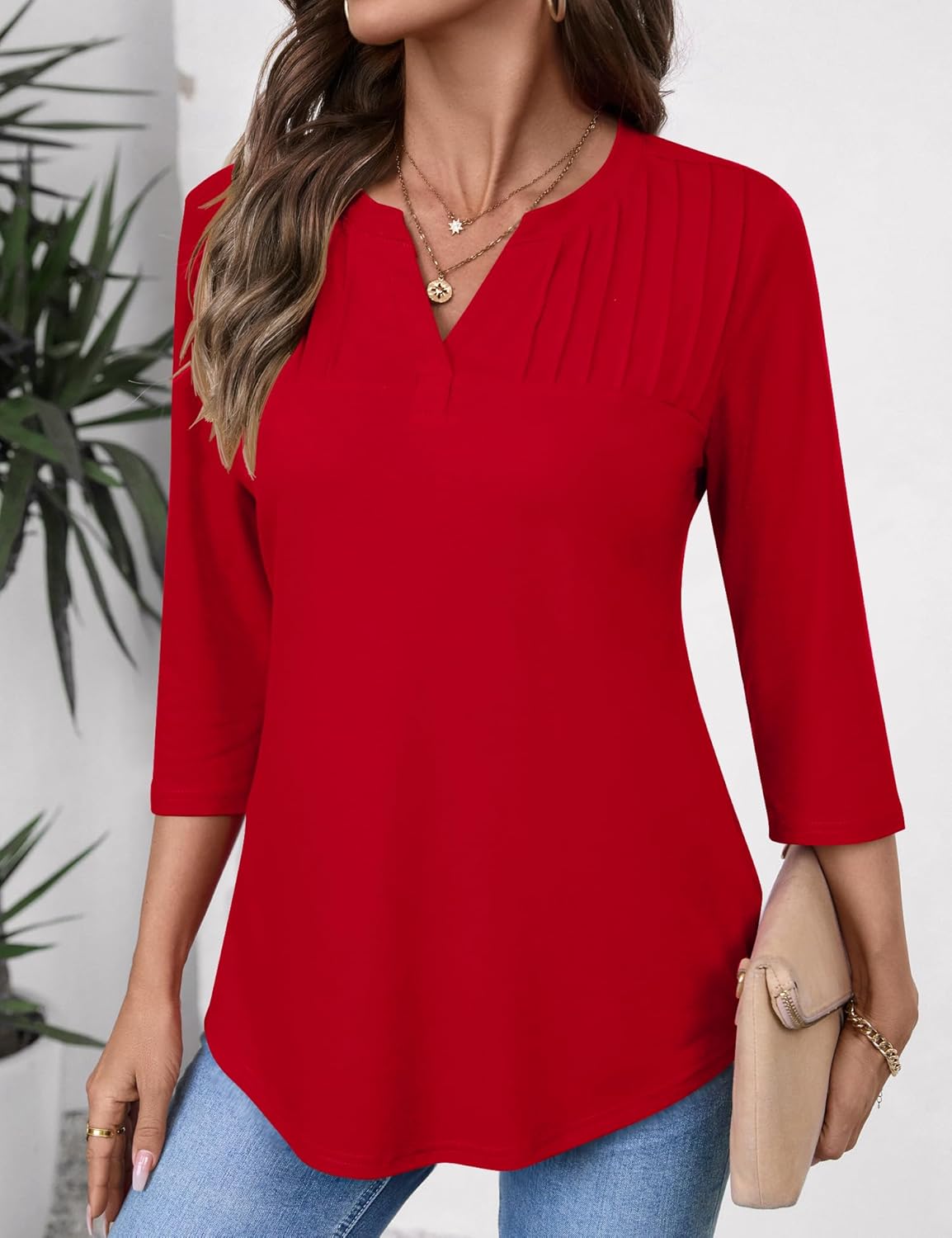 LOMON Women's 3/4 Length Sleeve Tops V Neck Dressy Casual Blouses Fashion Pleated Tunic Shirts Summer Fall 2025 - Image 2