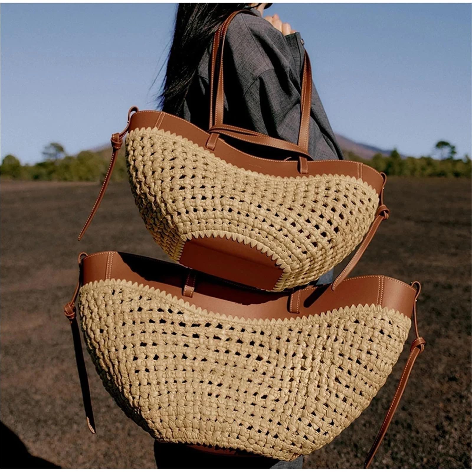 Generisch gewebte tasche Große Kapazität Stroh Tasche Mode Hohl Gewebt frauen Knödel Sommer Berufung Strand Schulter Handtasche