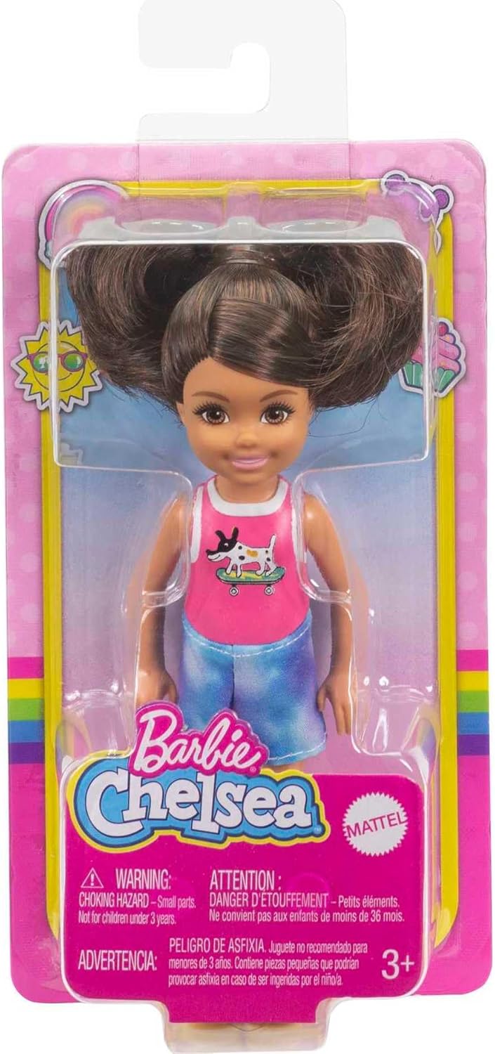 Barbie Chelsea Doll (6-inch Brunette) Wearing Sparkly Skirt, Molded Unicorn Top & Green Shoes, Gift for 3 to 7 Year Olds