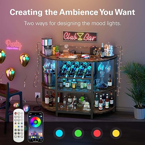 Miniatura 4 de Zarler Armario de mesa de bar con toma de corriente, gabinete LED para el hogar, mini bar para licor, soporte de metal para bar de vino con