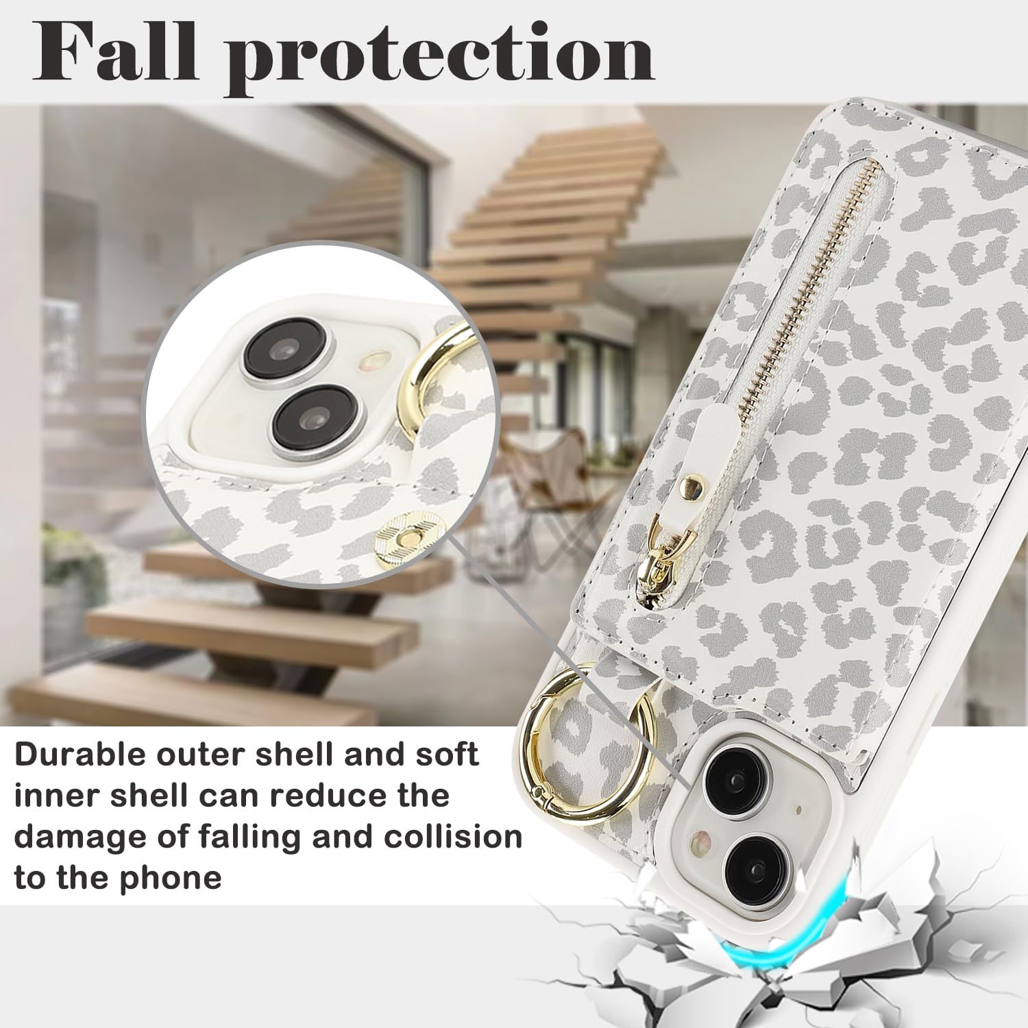 Havaya Funda para iPhone 15 Plus con tarjetero, funda para iPhone 14 Plus, funda tipo cartera para mujeres y hombres, funda de piel con cremallera trasera, funda tipo cartera con anillo, estampado de