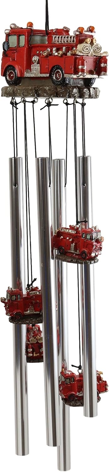 Ebros Gift Decorative Red Fire Engine Truck Model Resonant Relaxing Wind Chime Patio Garden Accent of Fire Fighters Hydrants 911 Emergency Civil Service