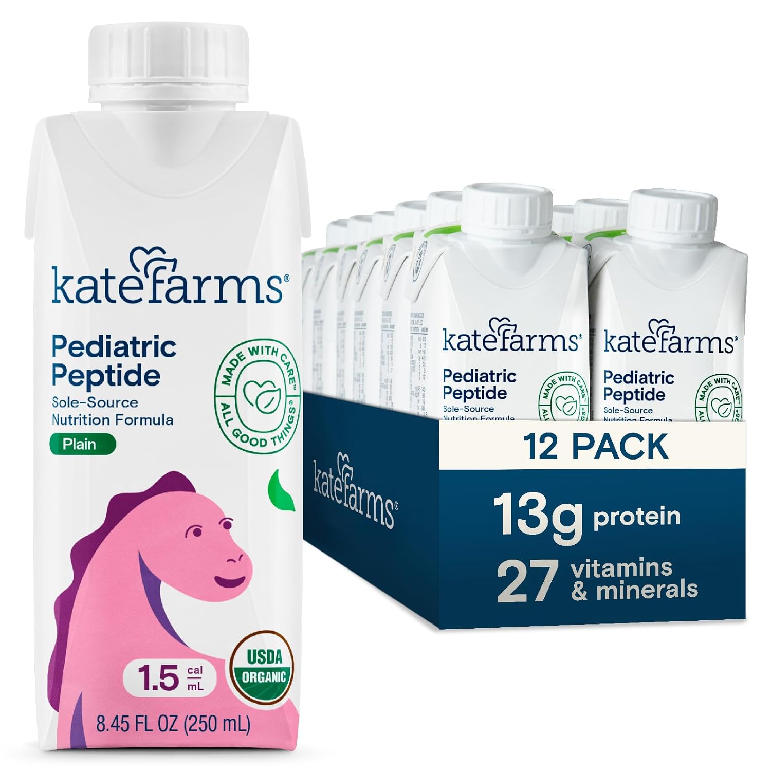 Kate Farms Pediatric Peptide 1.5 Sole-Source Nutrition Formula, Organic Enzymatically Hydrolyzed Plant-Based Protein Drink, Meal Replacement for Oral &amp; Tube Feeding, 8.45 fl. Oz., Plain, Case of 12