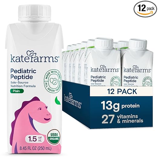 KATE FARMS Organic Pediatric Peptide 1.5 Formula, Plain, Sole-Source Hydrolyzed Plant-Based Nutrition for Oral or Tube Feeding, 8.45 oz (12 pack)