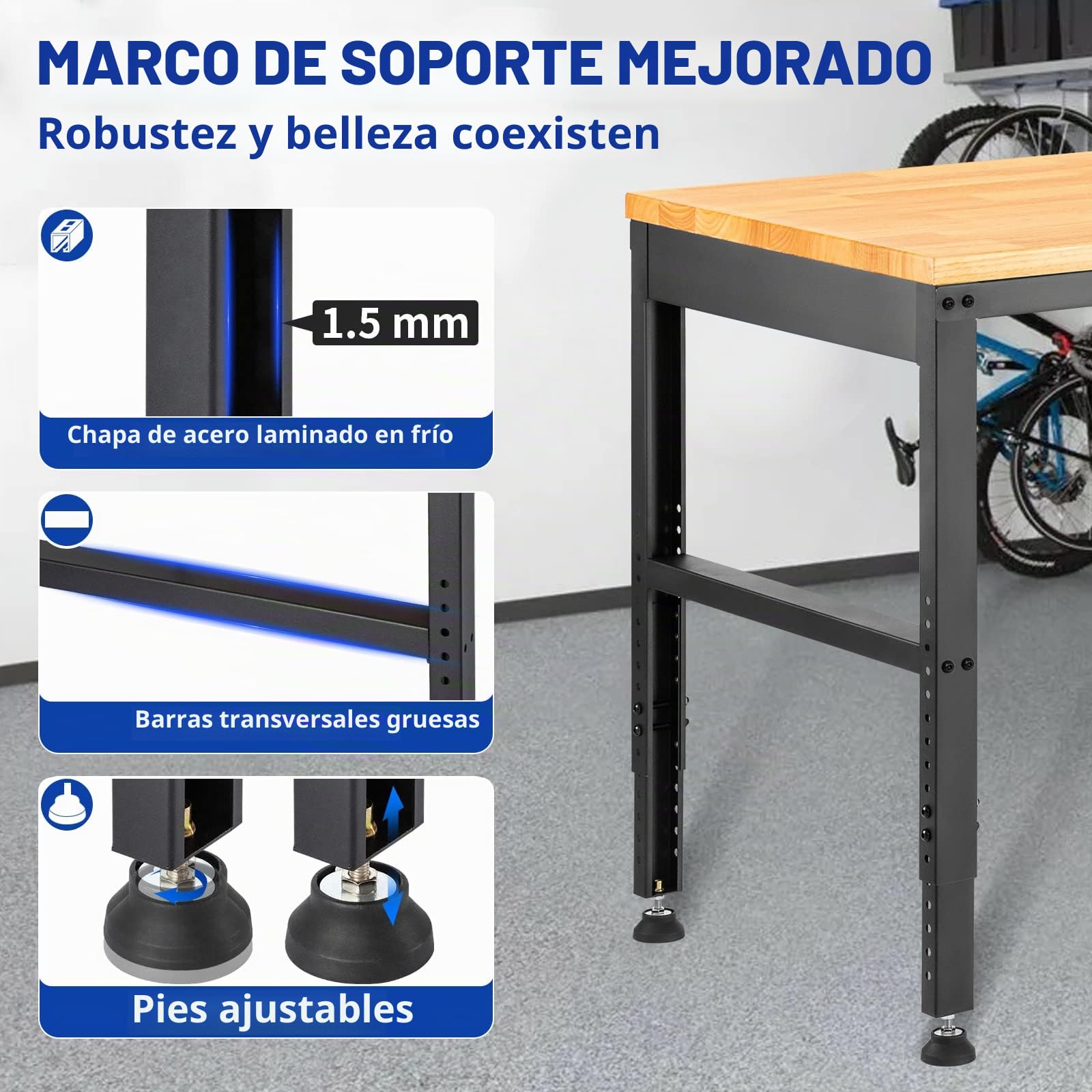 VEVOR Banco de Trabajo de Altura Ajustable, 135 cm de Ancho x 46 cm de Profundidad x 97 cm de Alto, Mesa de Garaje con 72-97 cm de Altura y Capacidad de Carga de 900 kg, con Tomas de Corriente, Parte
