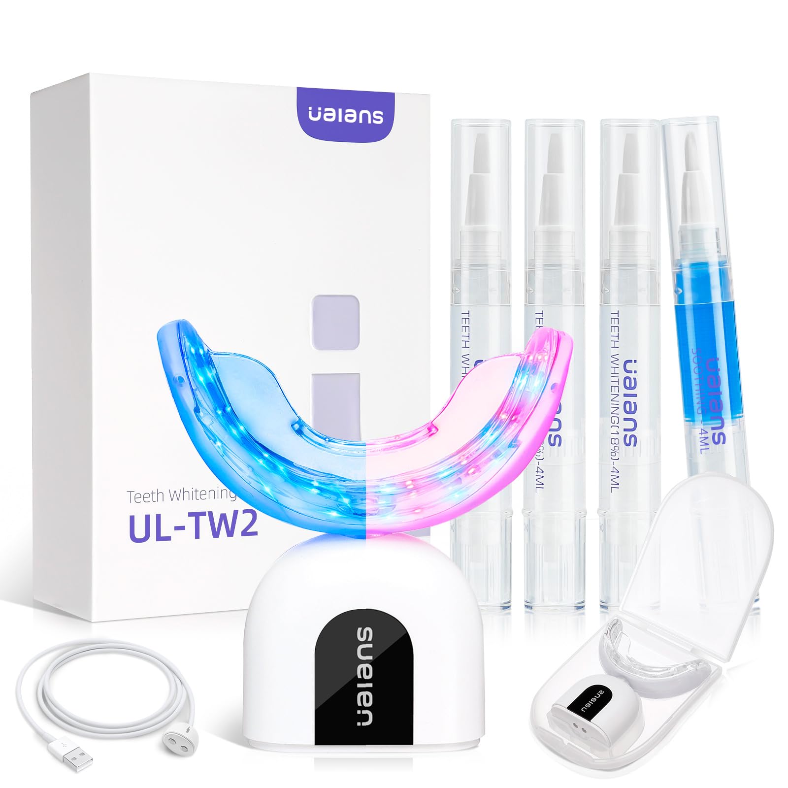 Kit Sbiancamento Dentale, Sbiancamento dei Denti Professionale, 32 x Lampada blu e Rosso, 3 Gel Sbiancante, Gel Lenitivo, Senza Sensibilità, Denti Bianchi a Casa in 10 Minuti