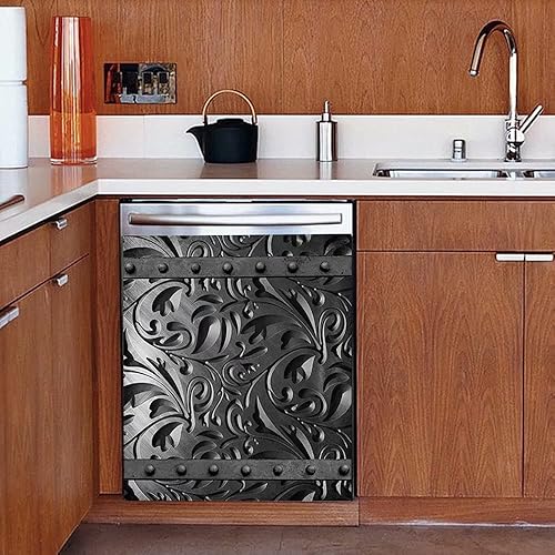 Miniatura 3 de Cubierta de metal con imán floral negro para lavavajillas, etiqueta engomada oscura grabada para refrigerador,Calcomanías de panel magnético para