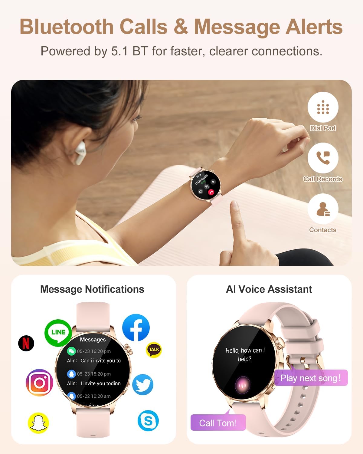 Smart Watch for Women,1.27 Inch HD Touchscreen,Bluetooth Calling,Heart Rate & Sleep Tracking, 100+ Sports Modes,IP68 Waterproof Fitness Tracker for Android & iPhone (Pink) - Image 6