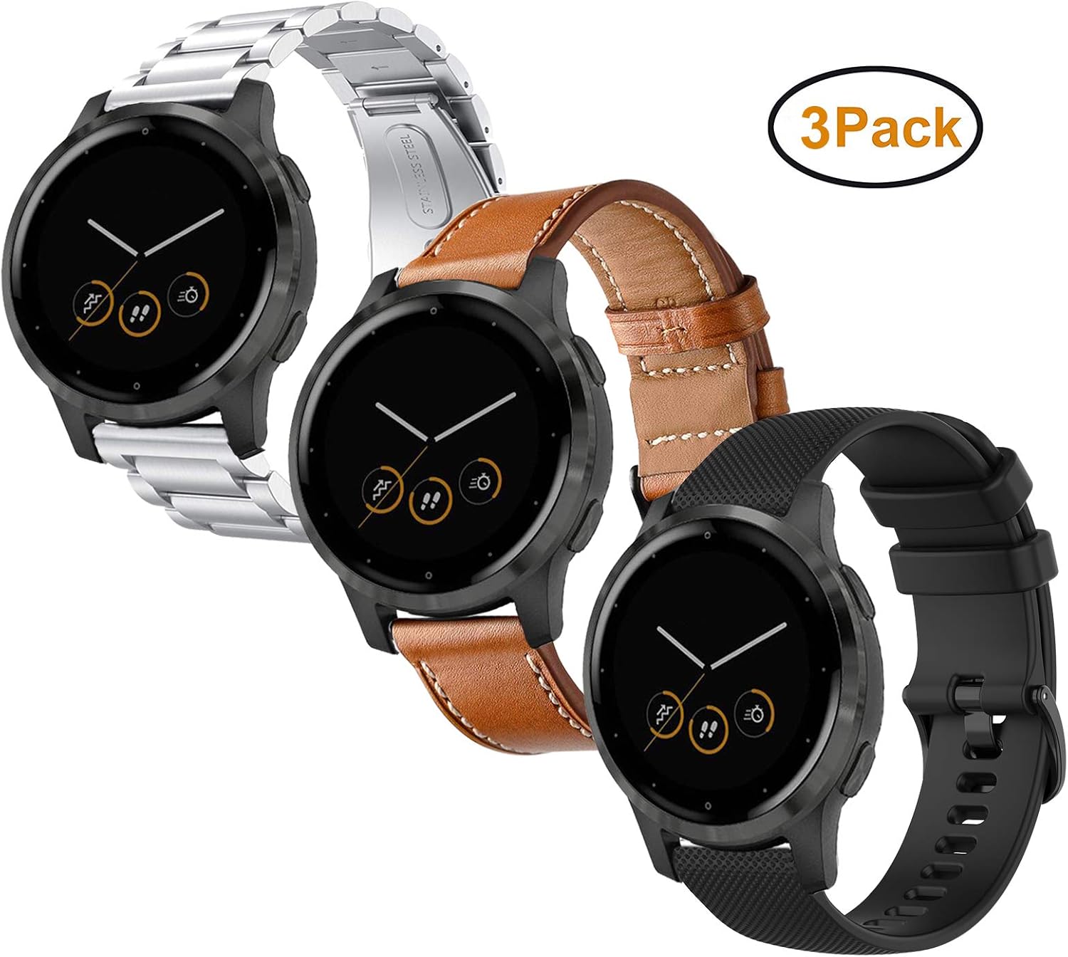 Compatible for Garmin Vivoactive 4S Band, 18mm Silicone+Leather+Stainless Steel Band for Garmin Vivomove 3S 39mm, Fossil Women's Gen 5E 42mm/Sport 41mm, Fossil Q Venture Gen 4 HR/Gen 3-3 Pack