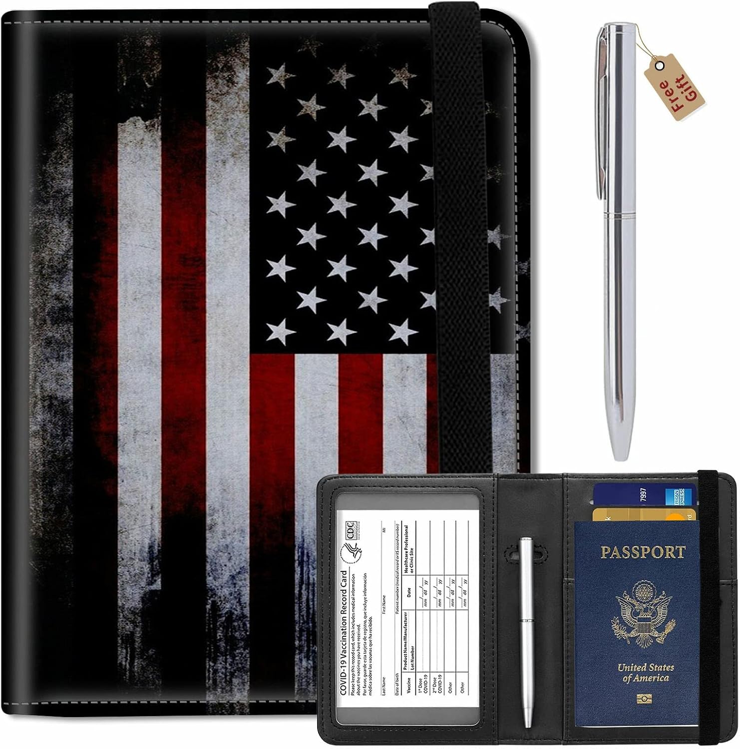 Passport Wallets and Vaccine Card Holder Combo,RFID Blocking Leather Passport Holder Cover Case with CDC Vaccination Card Slot,Travel Documents Organizer Protector+Metal Pen, American Flag