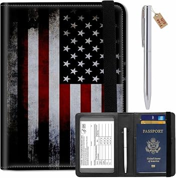 Passport Wallets and Vaccine Card Holder Combo,RFID Blocking Leather Passport Holder Cover Case with CDC Vaccination Card Slot,Travel Documents Organizer Protector+Metal Pen, American Flag