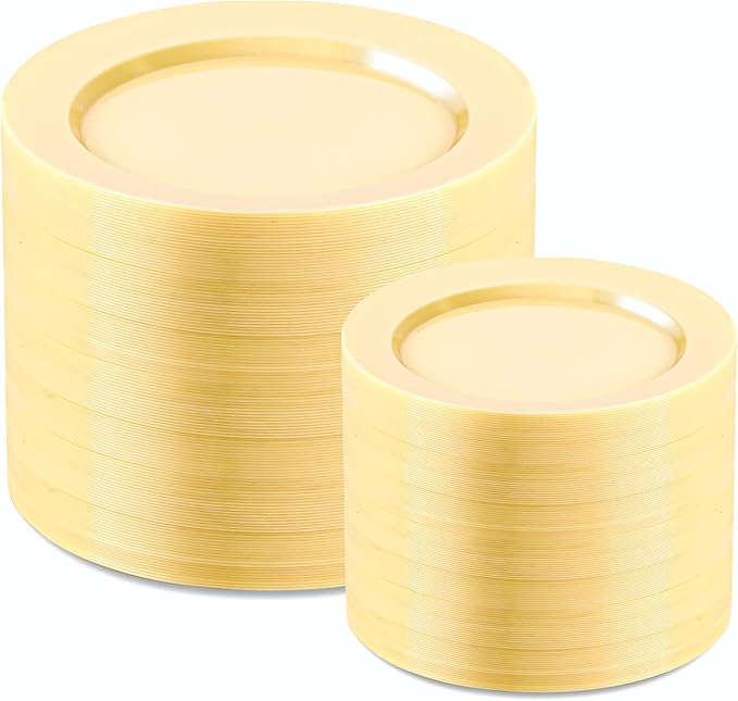 FLOWERCAT 200PCS Yellow Plastic Plates Disposable Plates for Party - Heavy Duty Plastic Plates - 100 10" Dinner Plates and 100 7" Salad Plates for Weddings, Easter Parties and Events
