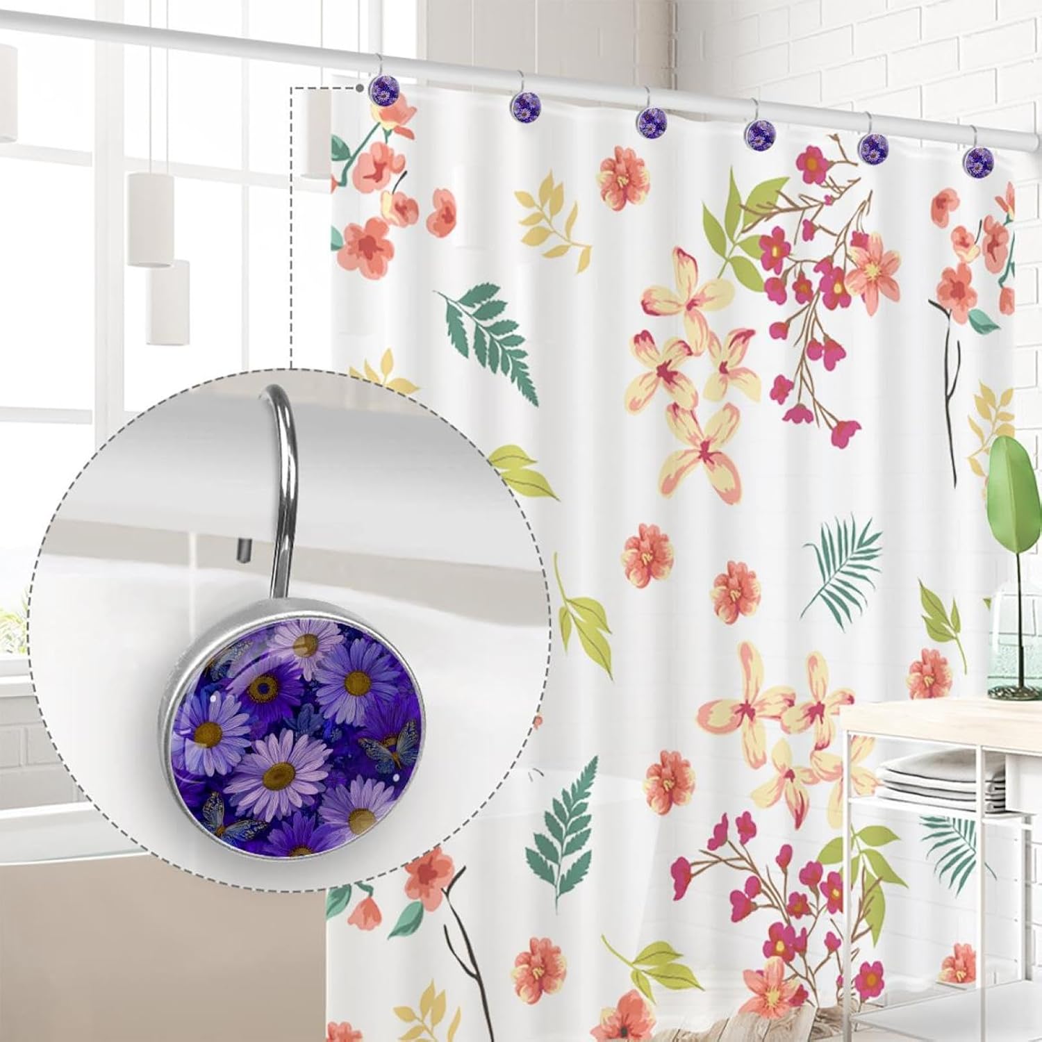 Daisy Butterflies Purple Rolling Shower Curtain Hooks,Clear Crystal Glass Art Decorative Stainless Bath Bathroom Set 12 Pcs