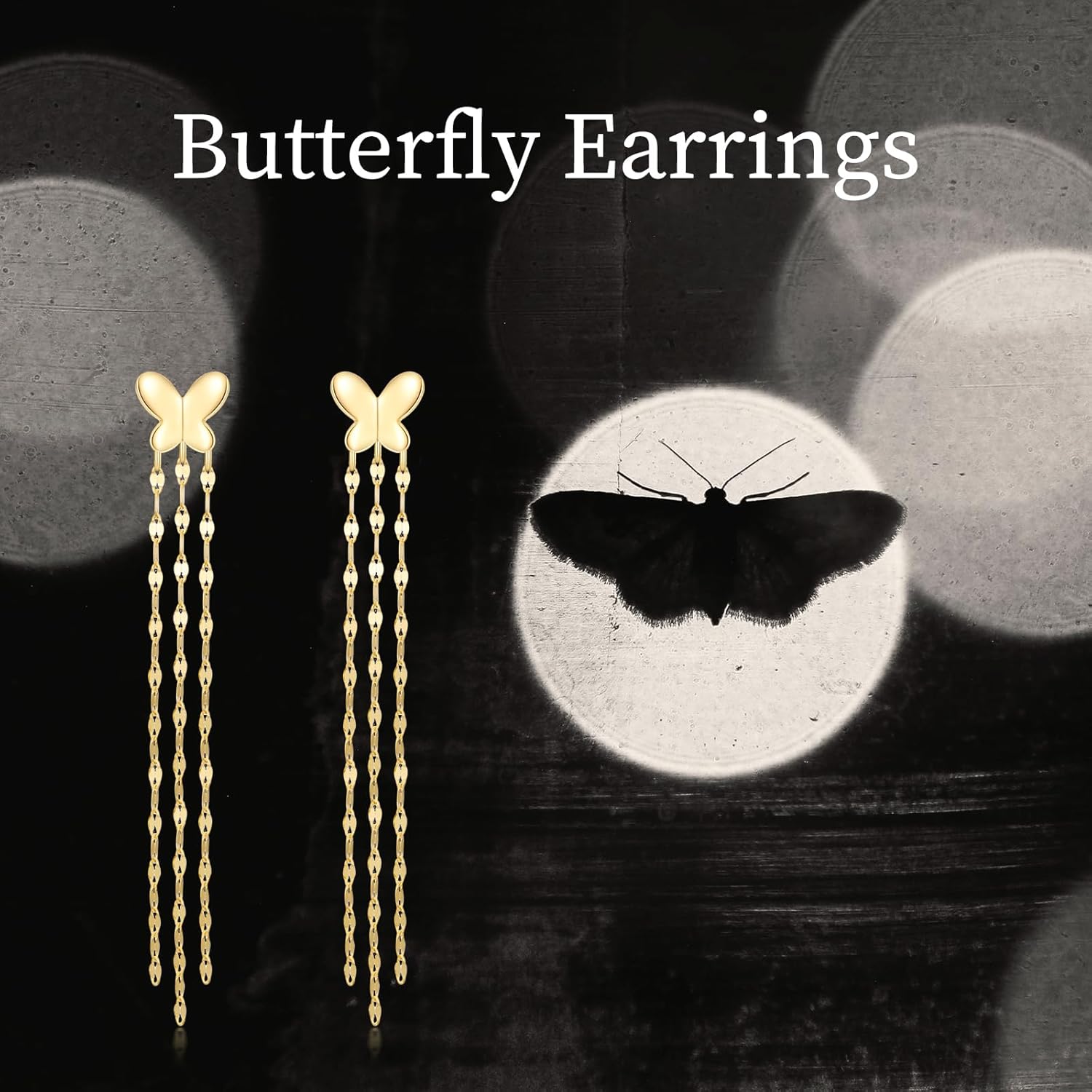 14k Gold Butterfly Dangling Tassel Earring for Women, 14kt Gold Long Chain Earrings