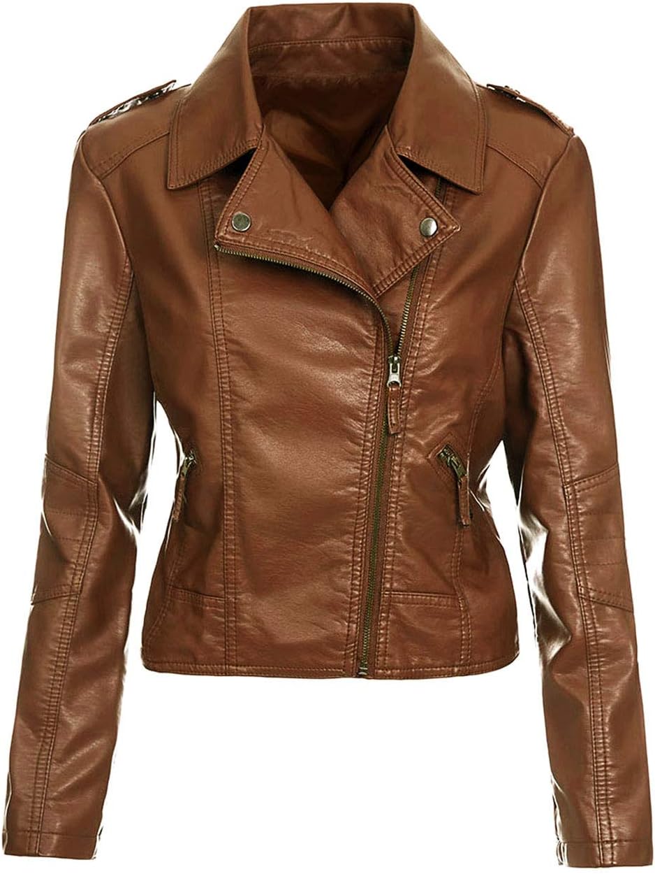 Artfasion Women's Faux Leather Jacket Ladies Girls Fashion Zip Up Motor Biker Jacket Coat (Black,XS to XXL)