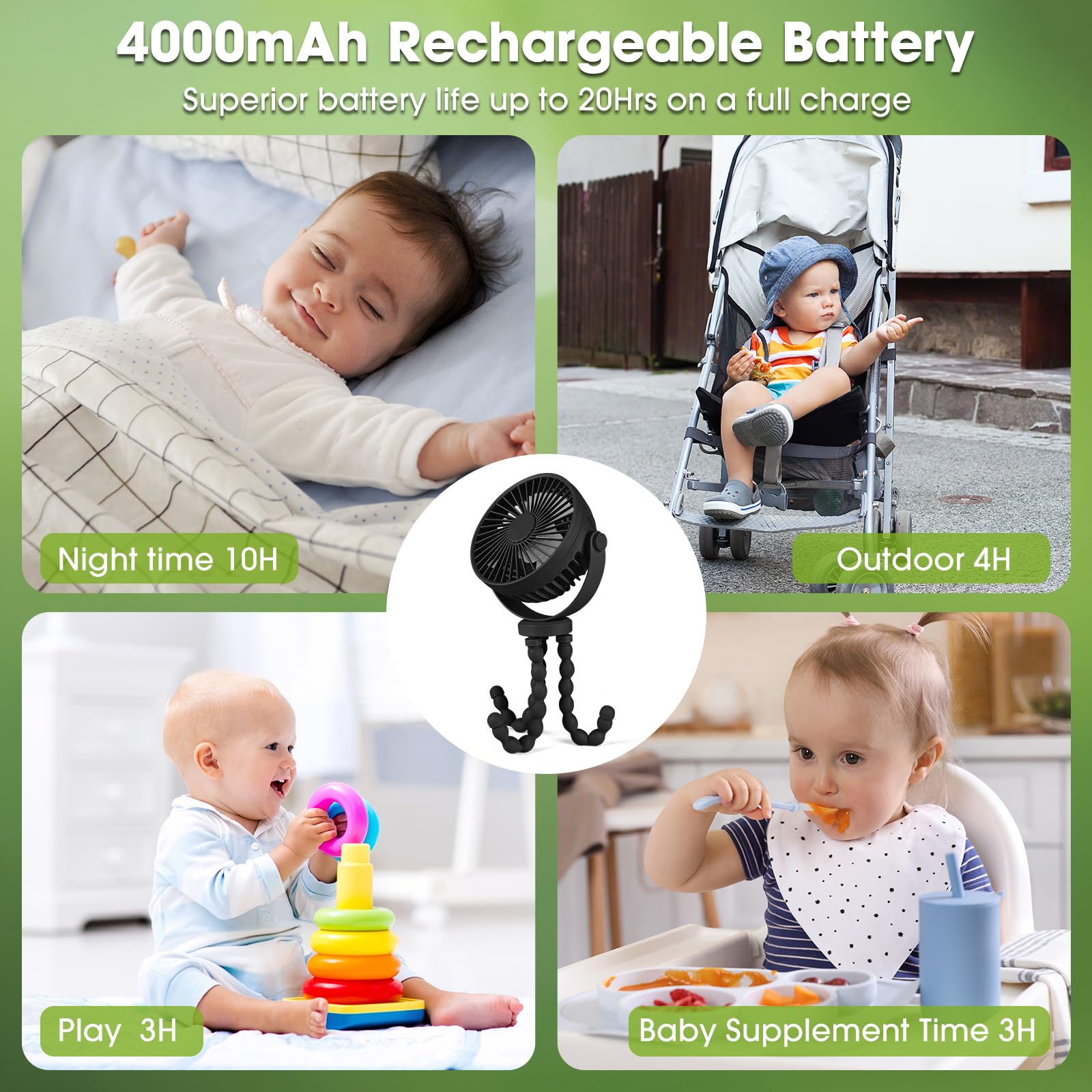 POPERFUN Portable Pram Fan,Rechargeable Stroller Fan 20H 4000mAh Clip on Fans for Infant 360° Rotate Flexible Tripod Baby Fan Handheld USB Desk Cooling Fans for Bedroom Crib Treadmill Travel Camping - Image 4