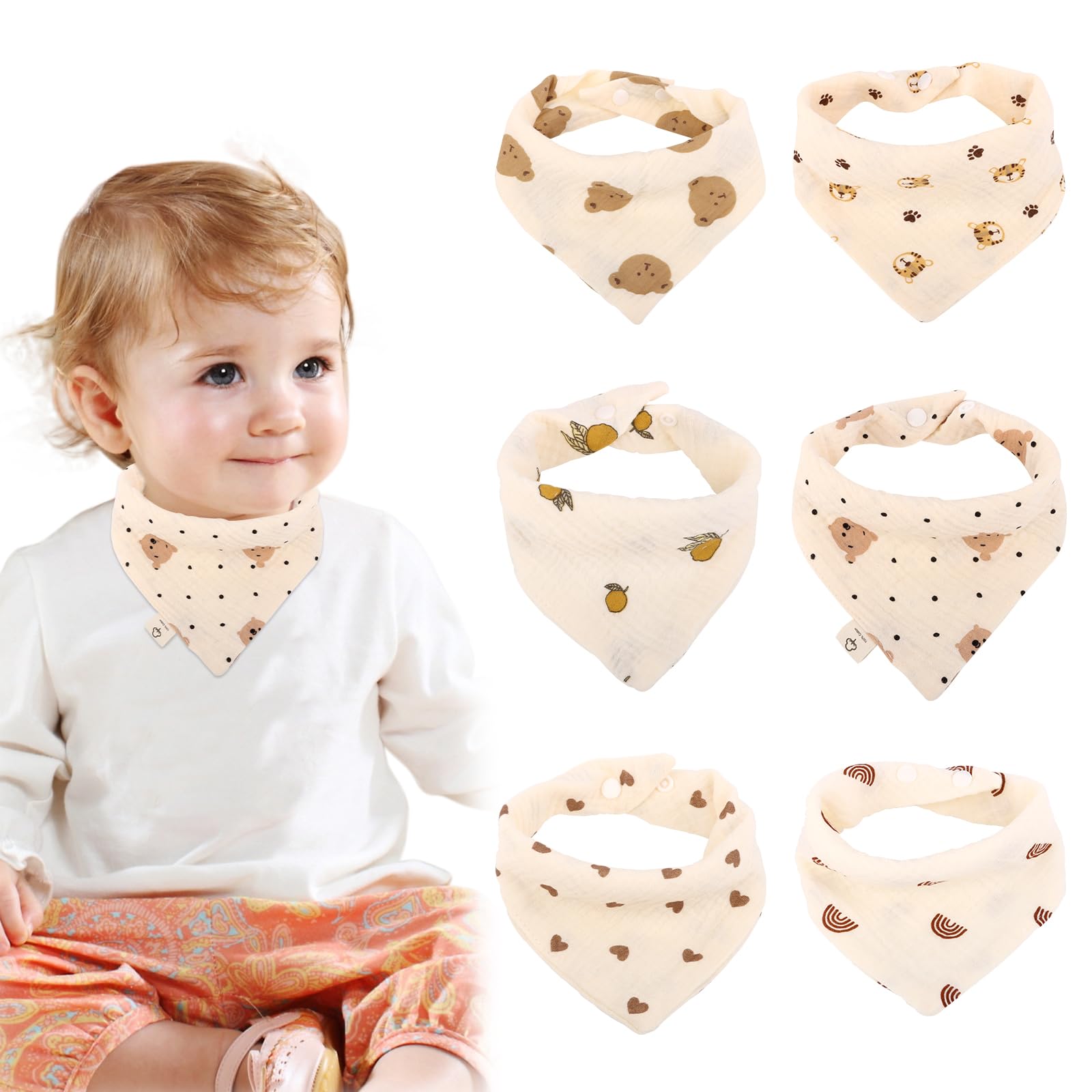 RISVOWO Muslin Dreieckstuch, 6 Stück Lätzchen, Spucktücher Musselin, Super Saugfähige Baumwoll Halstuch, Halstücher für Säuglinge, Sabberlätzchen