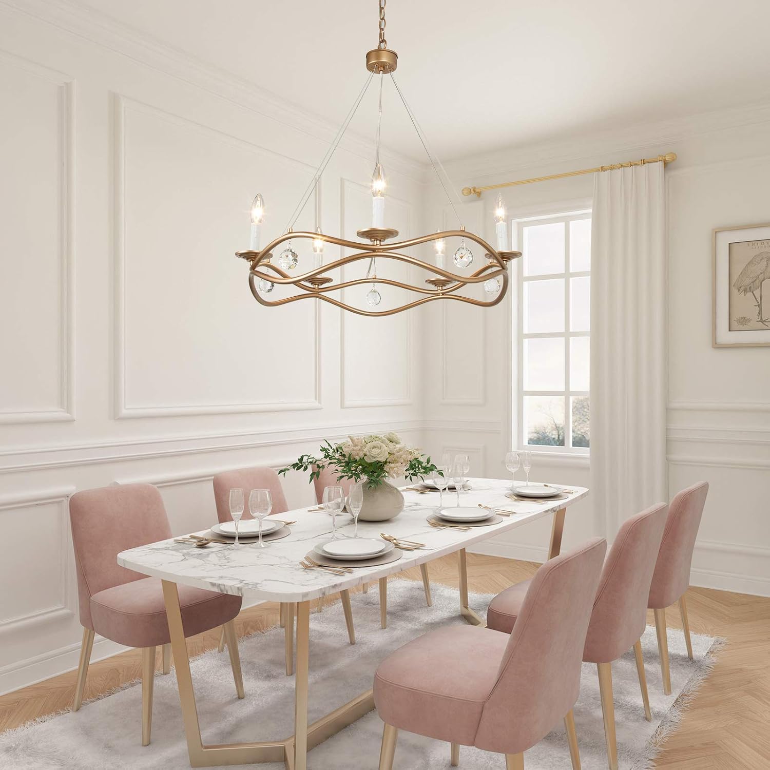 KSANA Gold Chandelier, Chandeliers for Dining Rooms, Drum Chandelier with Crystal for Living Room, Kitchen, Gold Finish, 25’’ L x 25’’ W x 31’’H