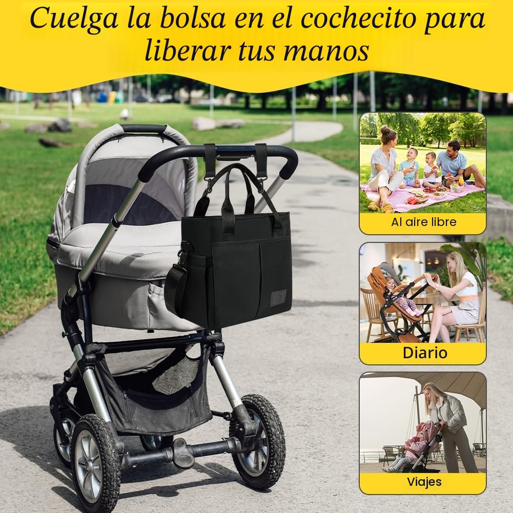 Aolso Bolso Cambiador Bebe, Impermeable Pañaleras Gran Capacidad Bolsa, Multifuncional para Bebé Bolsa y Gancho para Cochecito, Organizador de pañales Neceser Viaje (Negro)