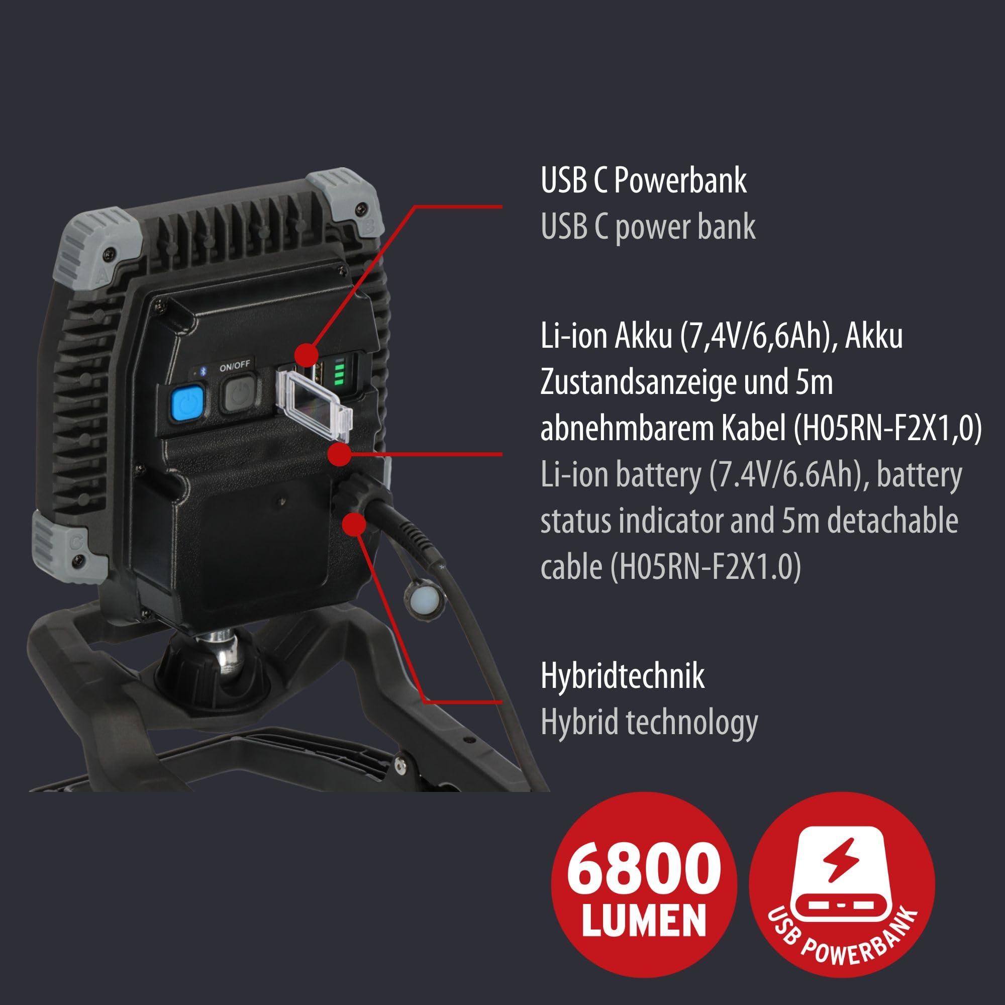 Brennenstuhl Professional LED Foco de trabajo híbrido CL 5050 MBAH (Foco de obra LED 50W, 6800lm, IP65, tecnología híbrida: cable de 5m y batería recargable, control Bluetooth)