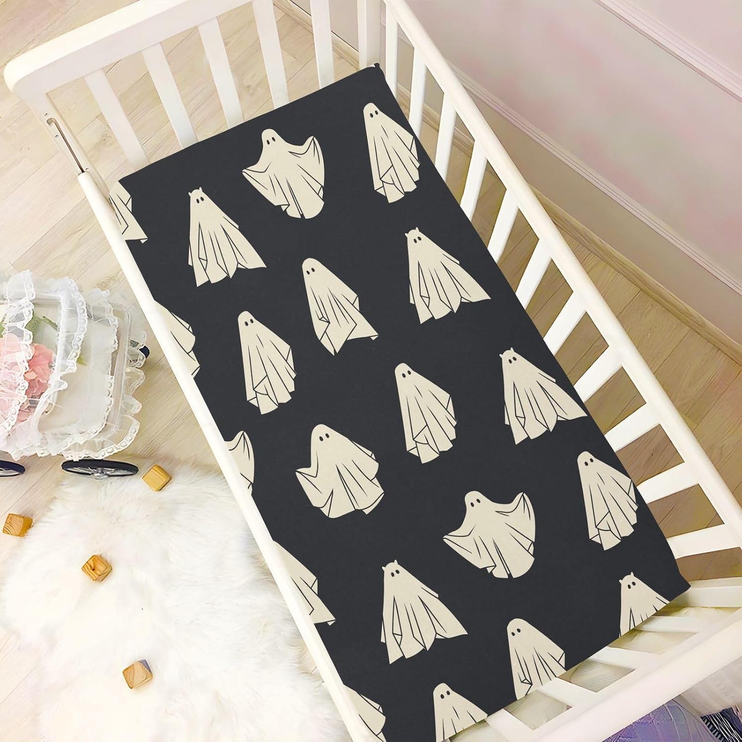 CaTaKu Ghosts Cute Spooky Crib Sheets for Girls Boys,Baby Crib Fitted Sheets for Mini Crib and Toddler Mattress, Soft Baby Nursery Bed Sheets Neutral 28"x 52"