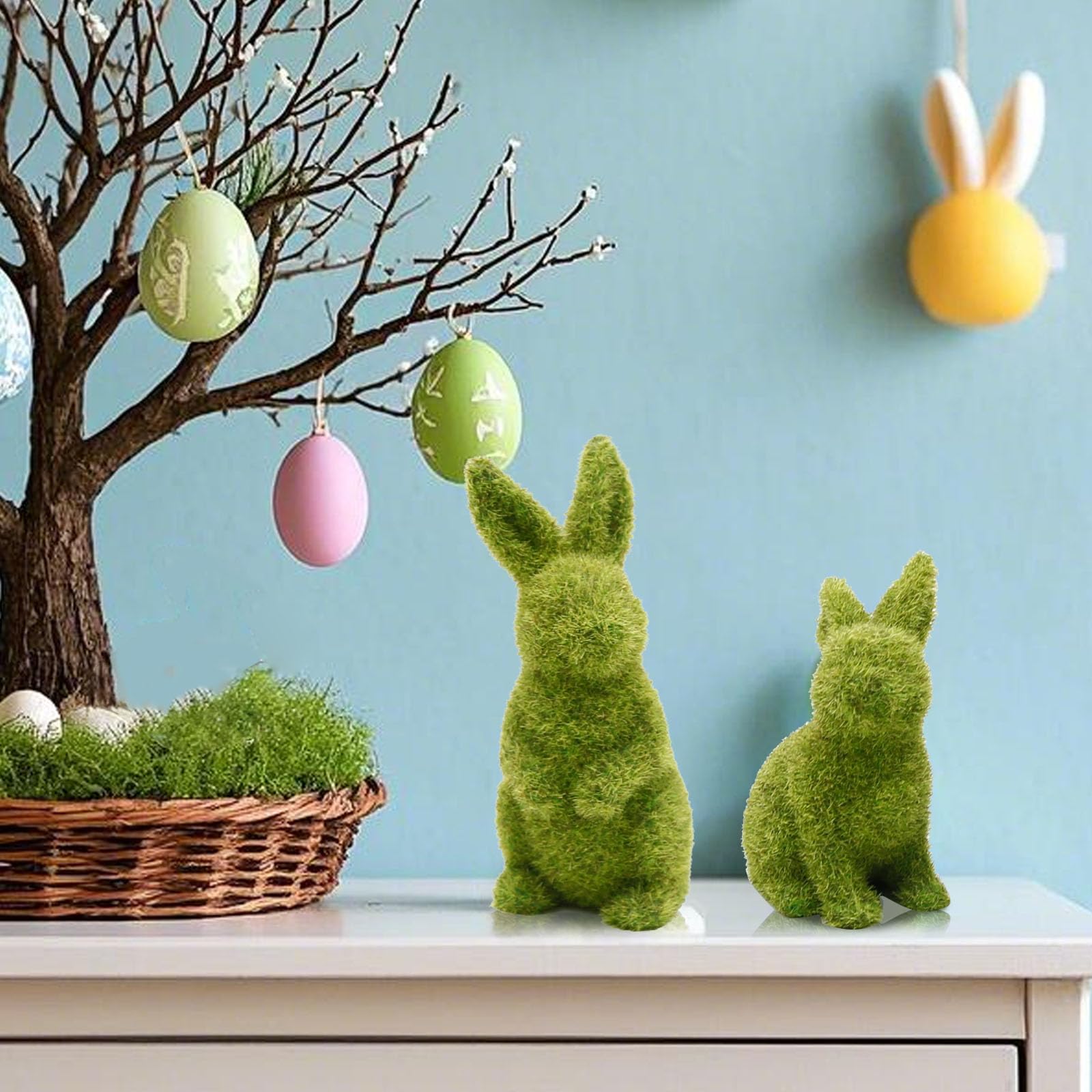 MDEOOSKY 2 Stück Oster-Moos-Hasen-Figur, beflockte Hasenstatue, grüne Nachahmung Moos Kaninchen Skulptur, für Ostern Festival Garten Hof Home Party Ornament Dekoration