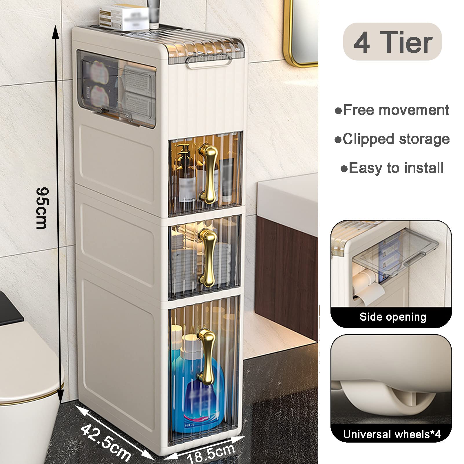 KAMPCO Organizador de Papel higiénico para gabinete de baño, Organizador Estrecho para Espacios de baño, cajón, Estante, Almacenamiento para el Piso del Inodoro