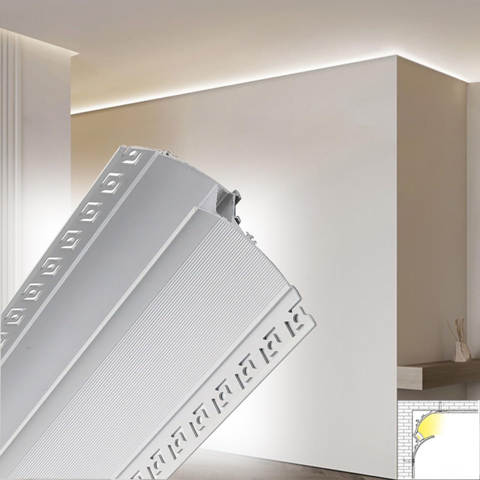 Illuminazione a LED per modanatura a corona per bordo di parete e soffitto, finiture in alluminio con canale diffusore, profilo decorativo per luce d'atmosfera