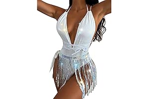 3Pcs Holographic Sequin Fringe Tassel White Skirt Tube Bra Top rave outfits...