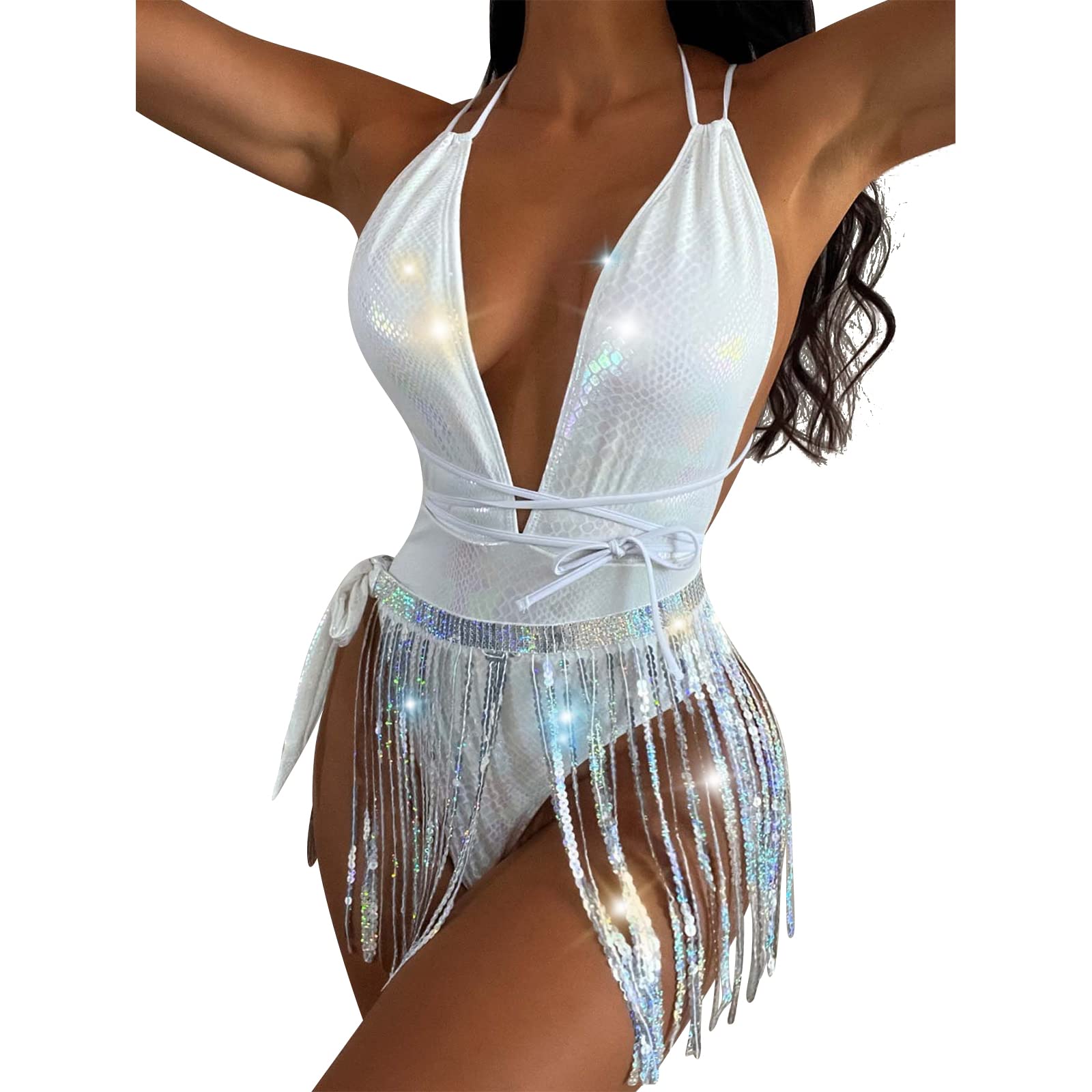 ABAFIP Damskie błyszczące stroje rave głęboki dekolt w serek body Teddy metaliczna cekinowa spódnica 2 szt. Festiwal Dancewear