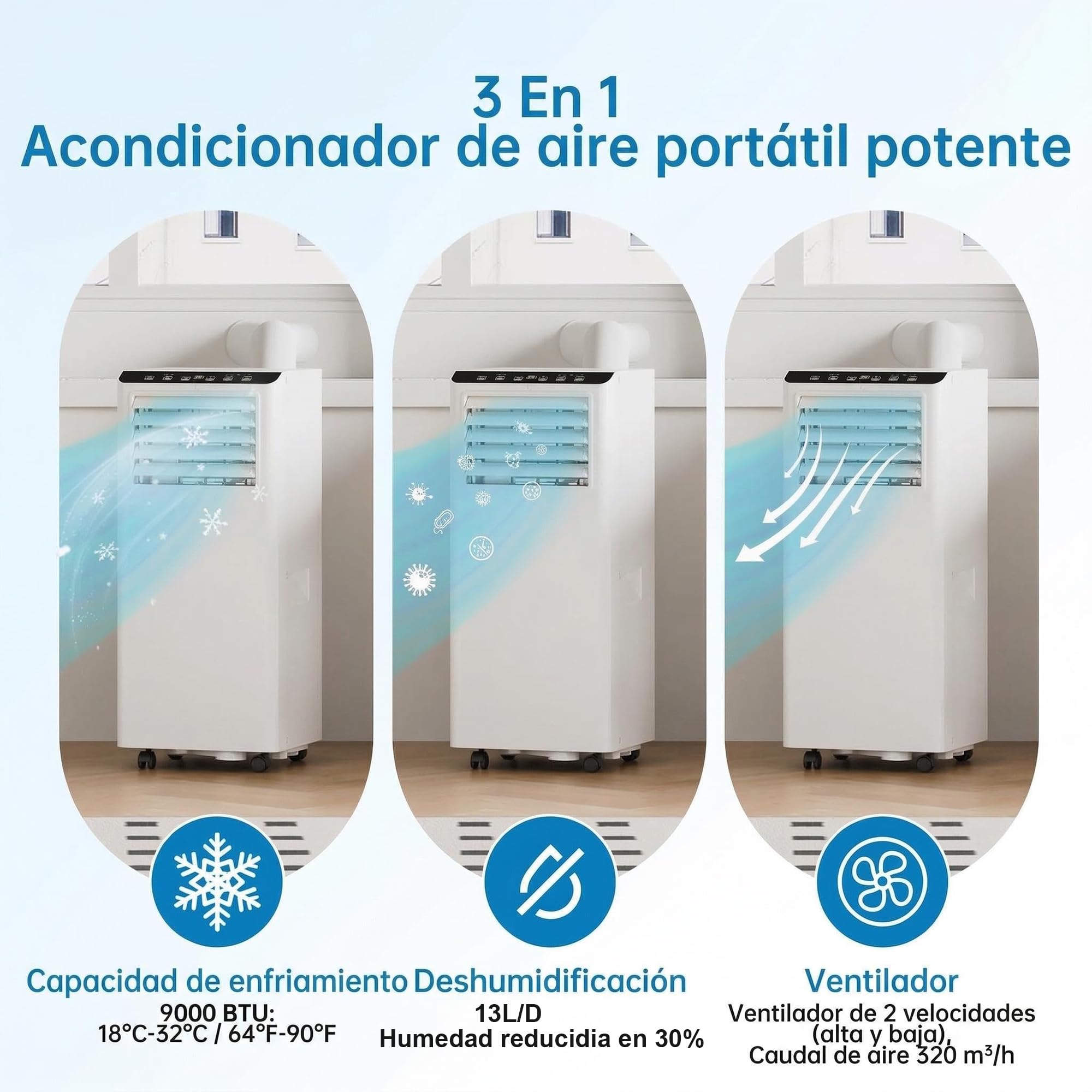 Aire acondicionado portátil 9000 BTU 2,6 kW(con mando a distancia), bajo consumo energético, pantalla LED, 4 modos, 2 velocidades de ventilador, 25 m², temporizador de 24 horas — view 7