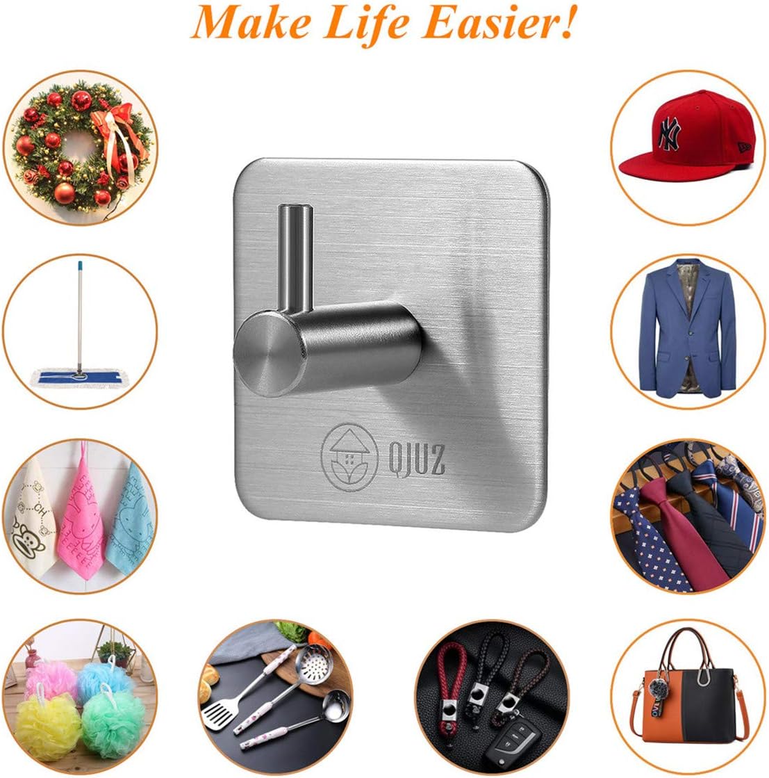 QJUZ Adhesive Hooks, Towel Hooks Heavy Duty Wall Hooks with SUS304 Stainless Steel for Bathroom Shower Kitchen Office, Ideal for Robes/Towels/Clothes/Bags/Keys/Kitchen Utensils (4Packs)