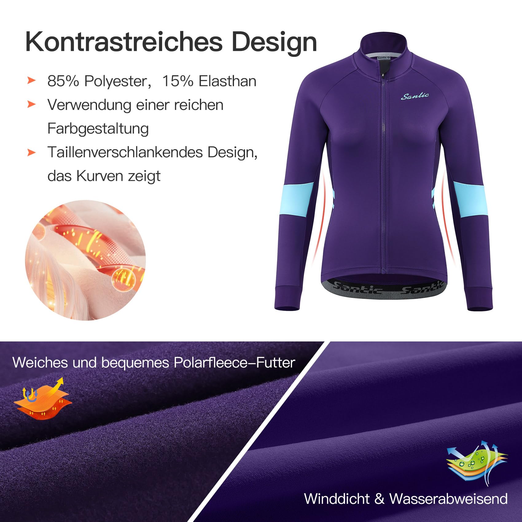 Santic Fahrradjacke Damen Winter Thermo Jacken Winddichte Laufjacke Leichte Atmungsaktiv Langarm Reflektierend Reißverschlusstasche