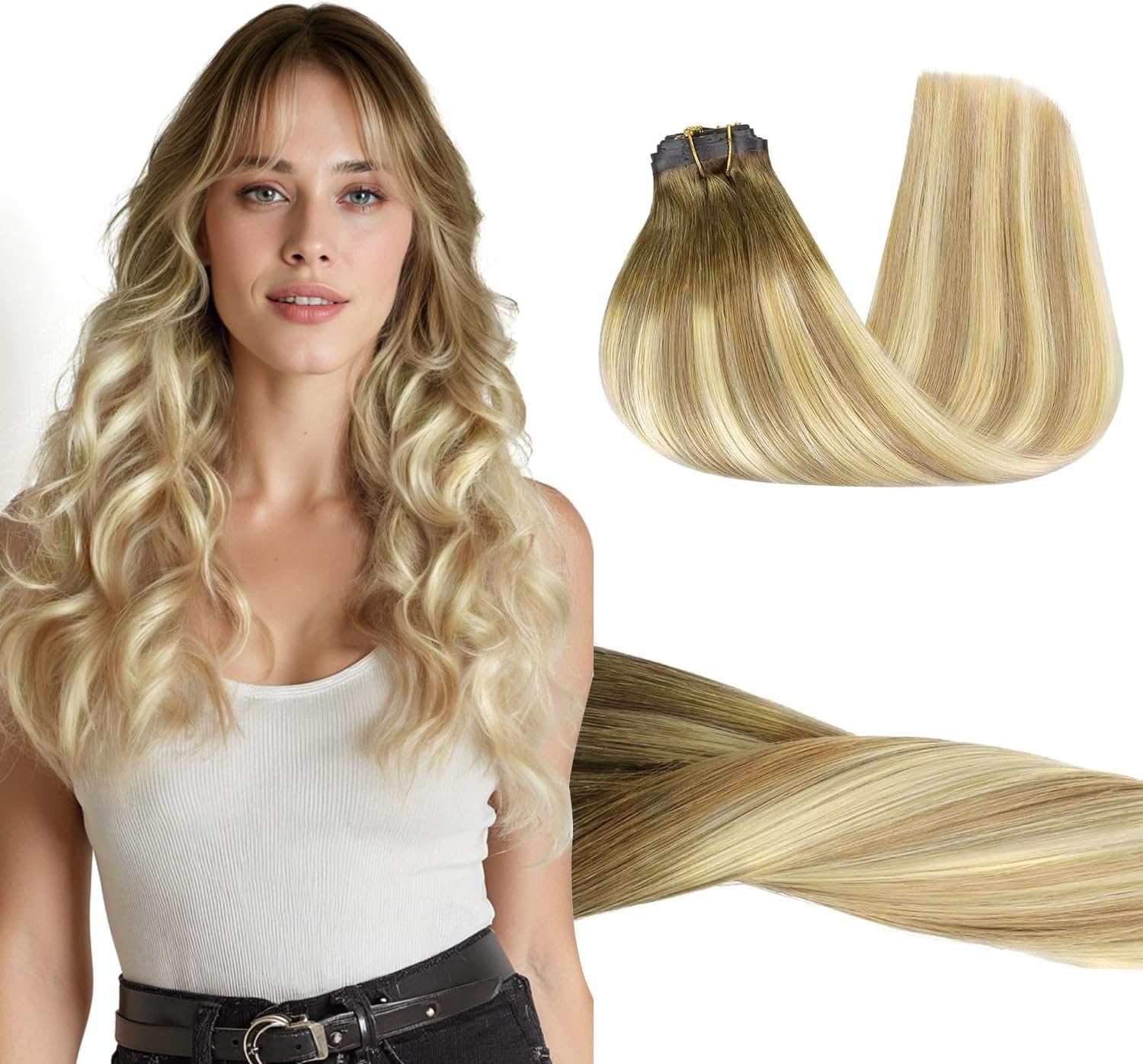 GOO GOO Clip in Hair Extensions Real Human Hair, Remy Human Hair Extensions Clip ins for Women, Natural Human Hair, 20inch 110g 7Pcs, 5A/90/16F Bahamian Balayage