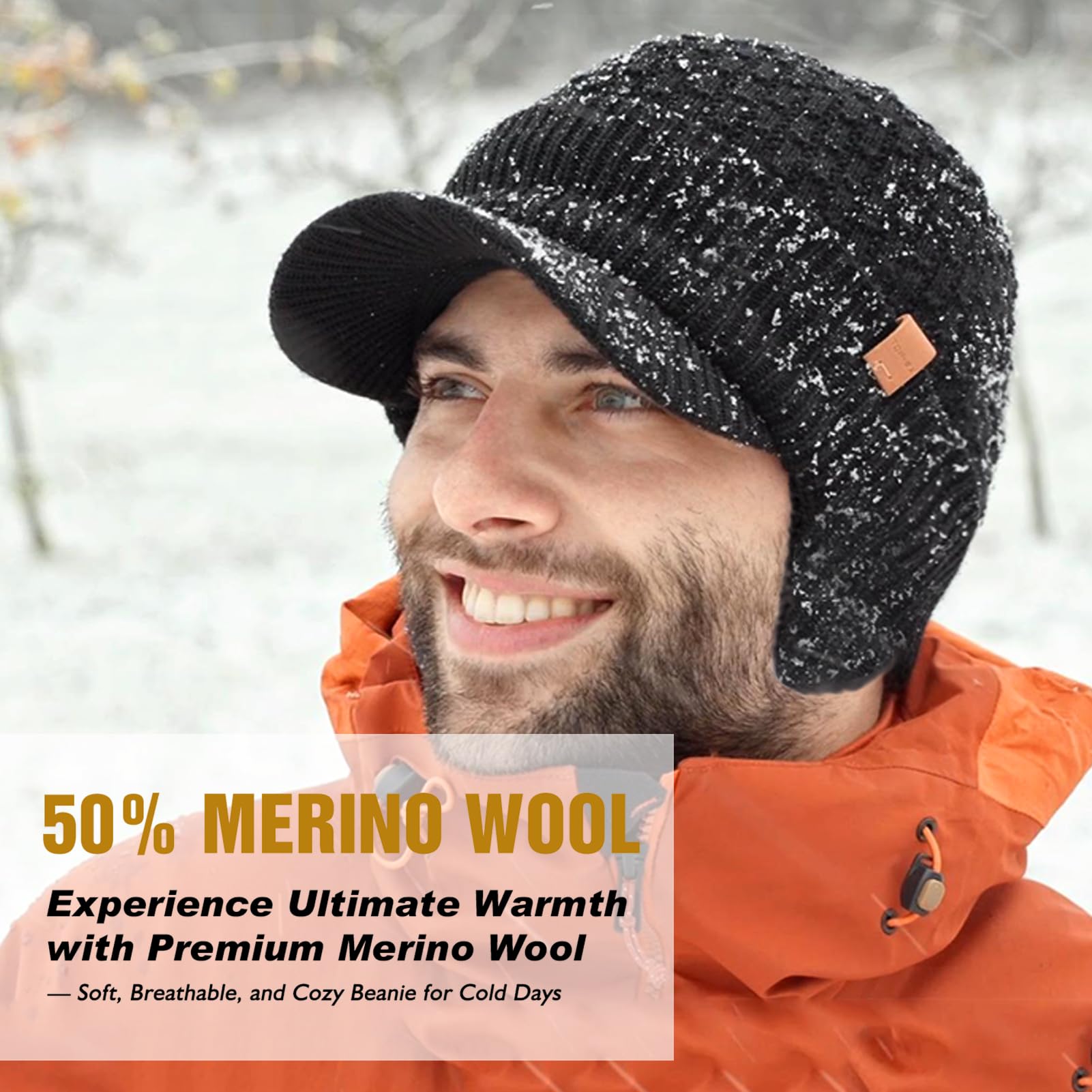 TOP-EX M/L/XL/XXL Unisex 50% Merinowolle Winter Schirmmütze wasserdichte Beanie mit Schirm, Warm Gefütterte Strickmütze für Laufsport, Winddicht