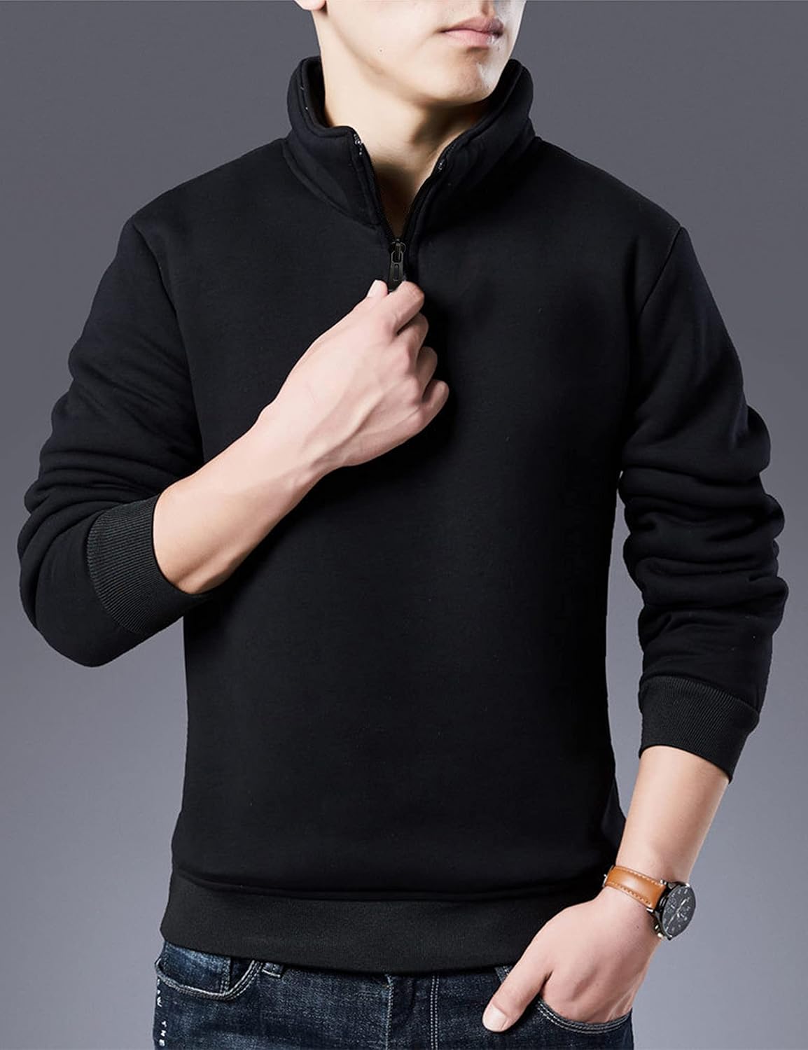 Yeokou Mens Fashion Warm Fleece Crewneck Sweatshirt Thick Sherpa Lined Pullover Tops - Image 2