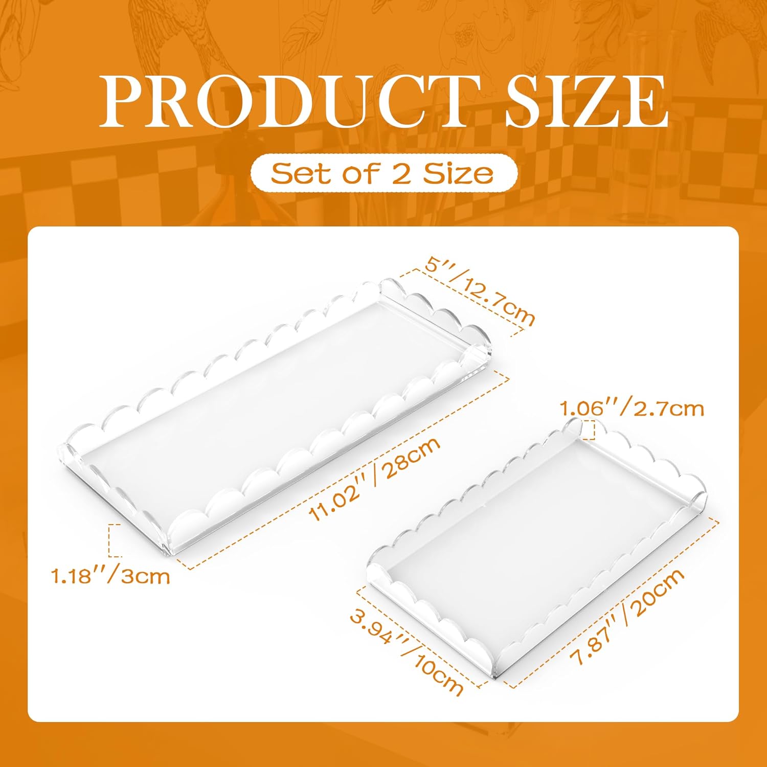 Starry 2 Pack Acrylic Scalloped Tray Clear Acrylic Bathroom Vanity Tray for Bathroom Counter Living Room Decor Organizing Soap Perfume Makeup (Large: 11" L x 5" W + Middle: 8" L x 4" W) - Image 2