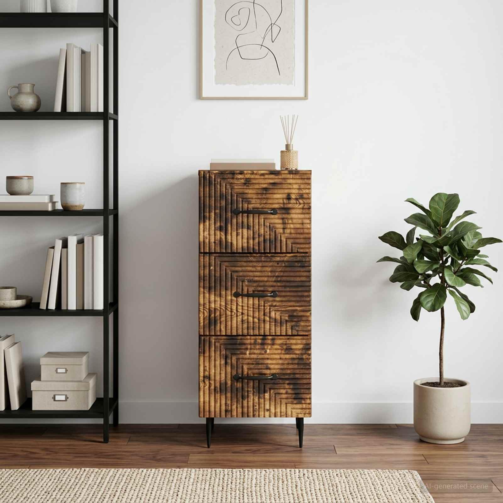 Cassettiera in rovere affumicato, 33 x 34,5 x 89,5 cm, con 3 cassetti, armadietto multiuso per soggiorno, ufficio, corridoio, spazio e conservazione