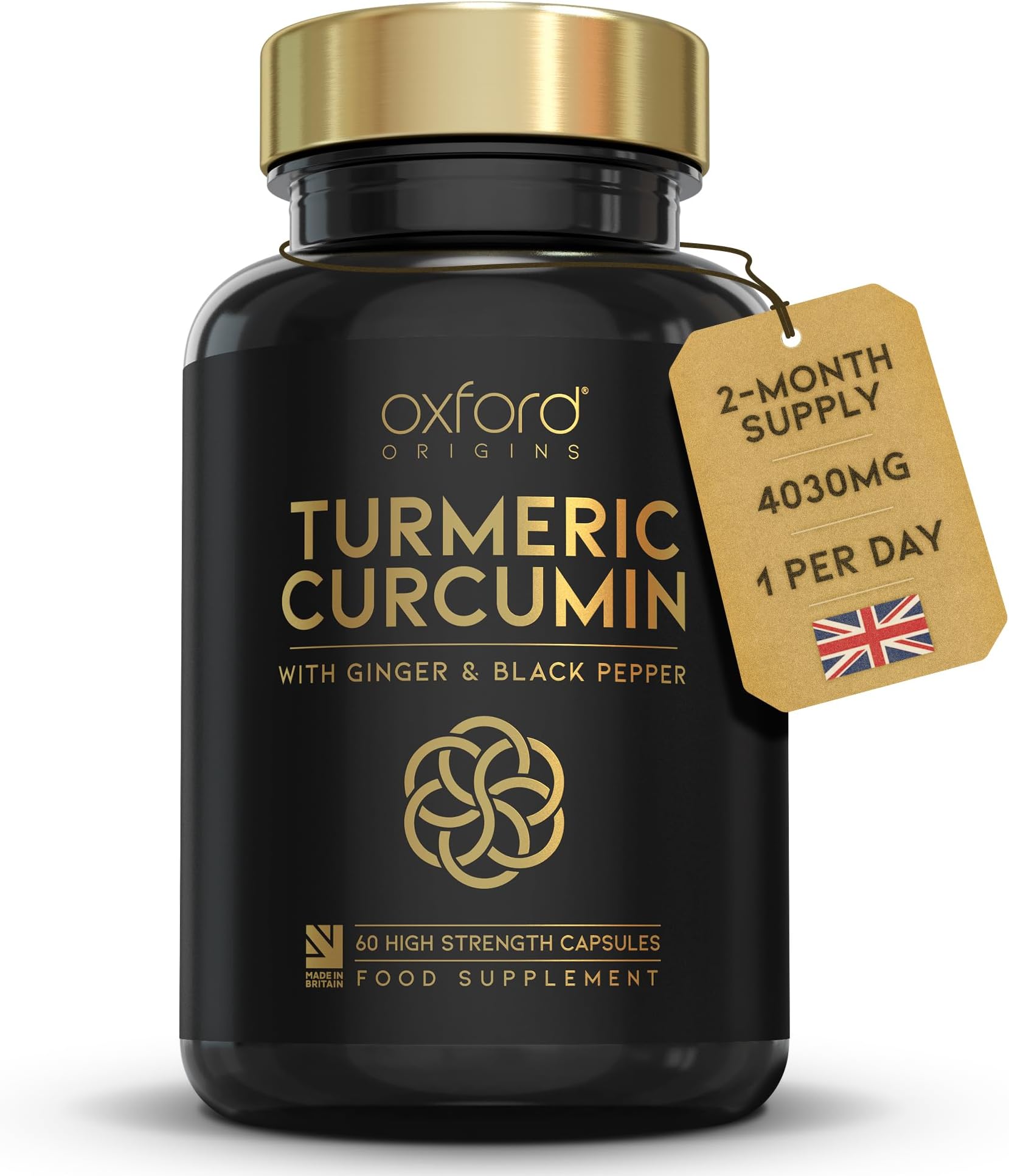 Advanced Turmeric and Black Pepper Capsules Made in the UK | ONE per Day Turmeric Supplement with Ginger & Black Pepper | High Absorption Tumeric Supplement Joints Care (60 Count)