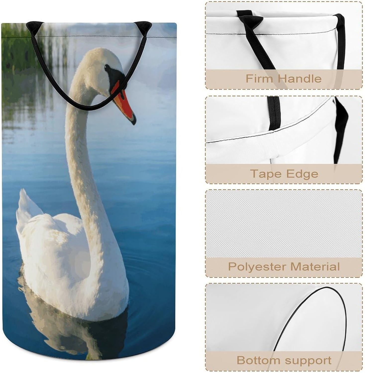 Swan Laundry Hamper with Handles Waterproof Collapsible Laundry Basket Large Lightweight Round Dirty Clothes Hamper for Home Dorm Bathroom Decor