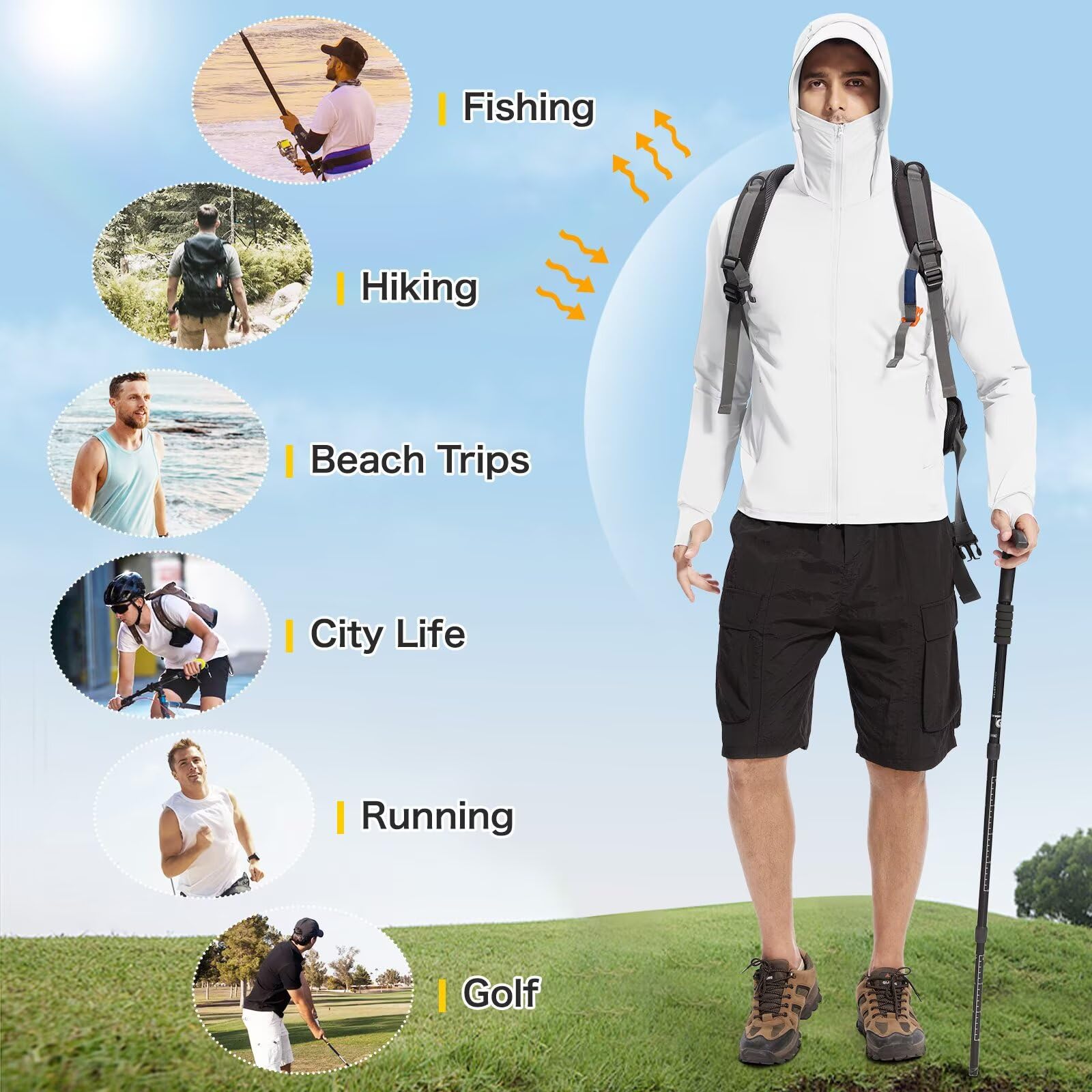 Camisas de protección solar UPF 50+ para hombre, con capucha, con bolsillo, manga larga, UV, para pesca, senderismo