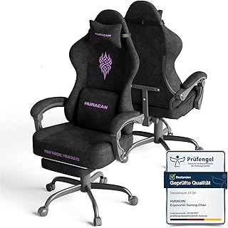 Huracan Gaming Stuhl Ergonomischer Gaming Sessel Schreibtischstuhl mit Fußstütze Kopfstütze und Lendenkissen, Atmungsaktiver Samtstoff, Ideal Für Lange Gaming- und Arbeitssitzungen(Schwarz)